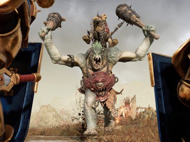Gameplay of a large troll brandishing two clubs whilst charging at two knights in golden armour