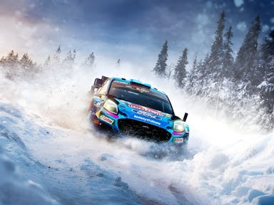 Gameplay of a blue racing car, whizzing through a snowy terrain with tall snow-tipped trees in the background