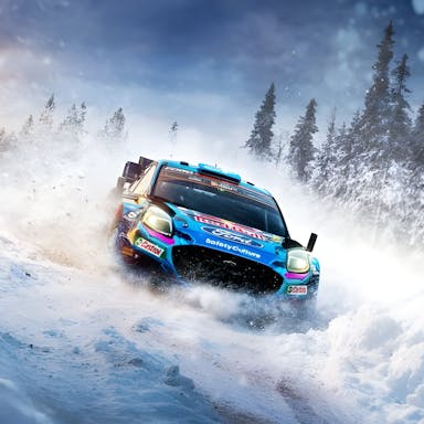 Gameplay of a blue racing car, whizzing through a snowy terrain with tall snow-tipped trees in the background