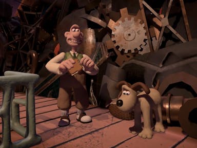 Claymation style animation of a man in a green vest and brown trousers holding a sandwich stood next to a brown dog, with machinery and cogs behind them