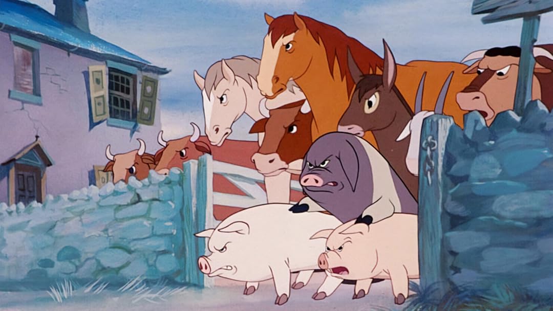 2D animation of a dozen farm animals with angry faces walking through an open gate