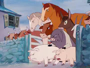 2D animation of a dozen farm animals with angry faces walking through an open gate