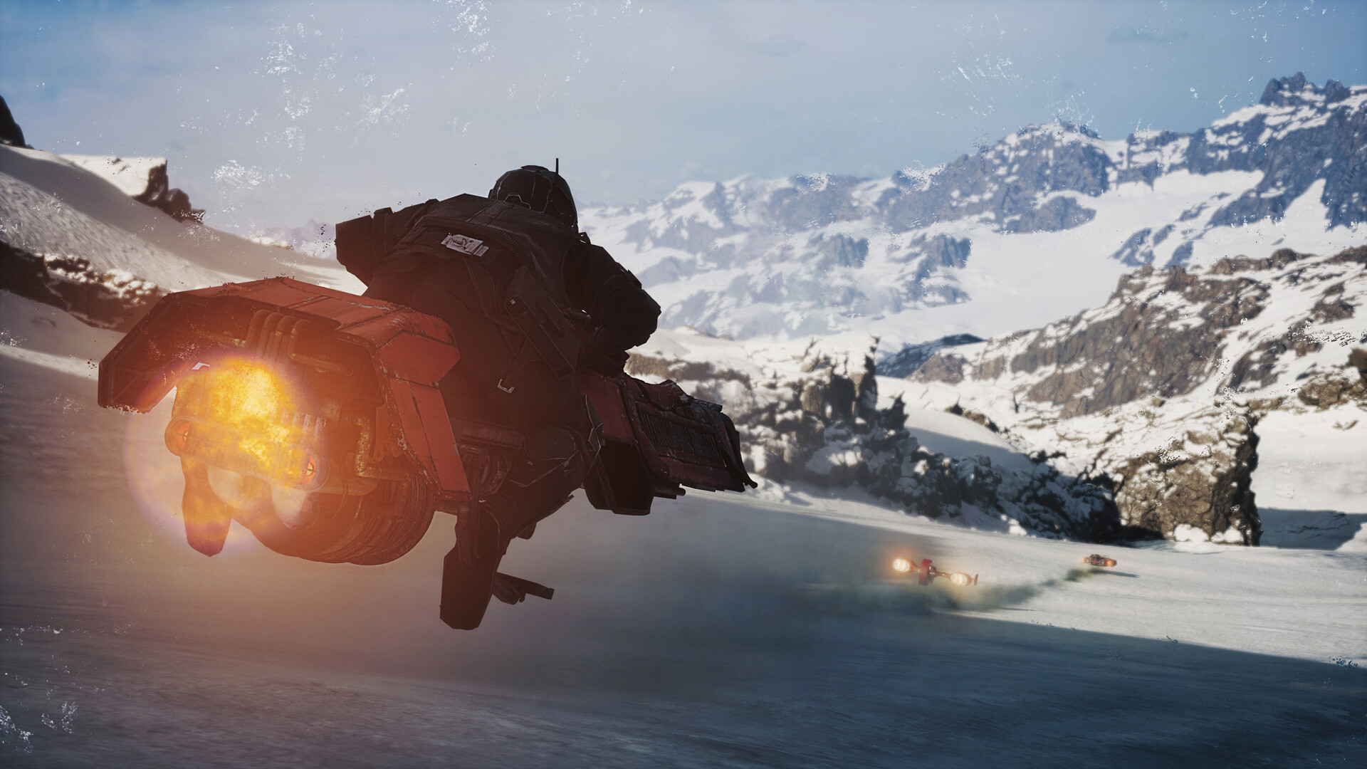 A character riding a hovering vehicle down a snowy ramp