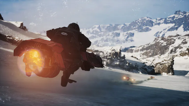 A character riding a hovering vehicle down a snowy ramp