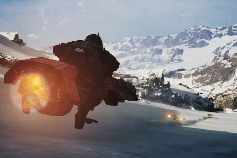 A character riding a hovering vehicle down a snowy ramp