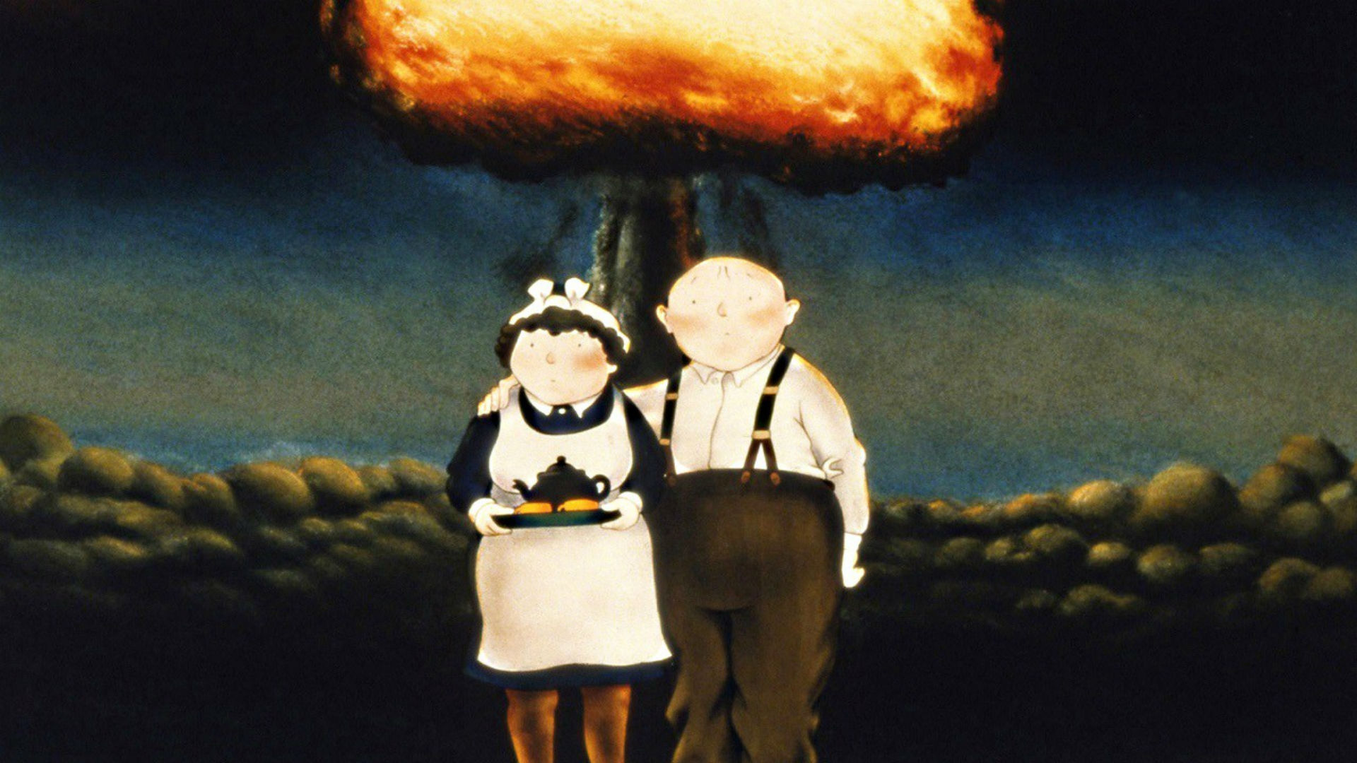 A handrawn animation of a married couple (a white woman and white man) standing in the foreground. Behind them, in the background, a nuclear bomb detonation in a dark, smokey open area