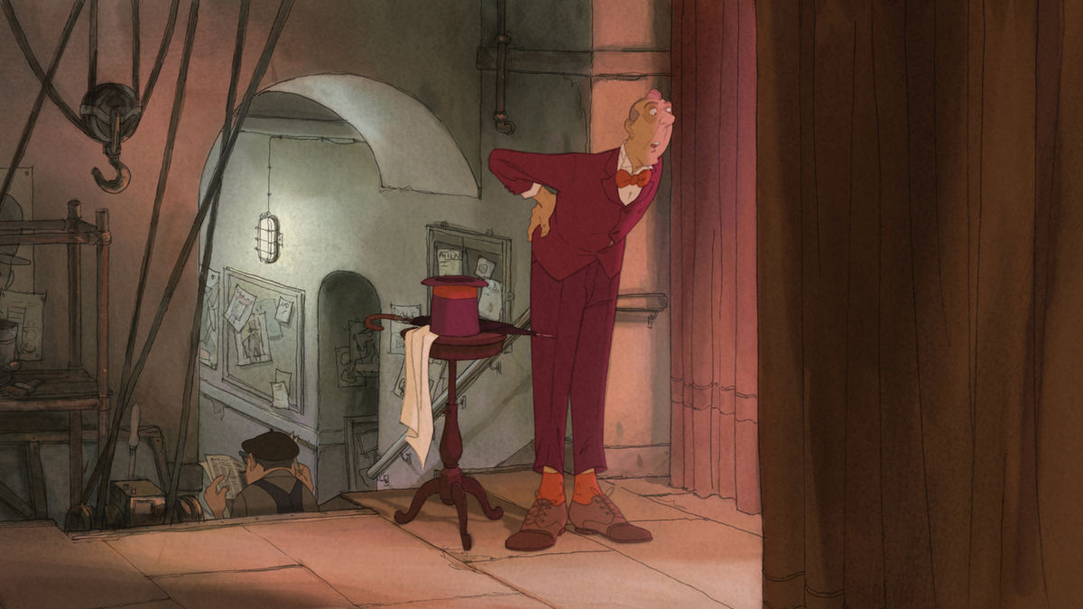 A 2D animation of an older white man at the top of a flight of stairs, wearing a red suit, bent forward looking at something off screen