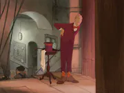 A 2D animation of an older white man at the top of a flight of stairs, wearing a red suit, bent forward looking at something off screen