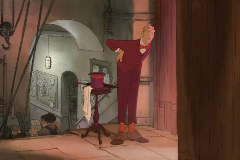 A 2D animation of an older white man at the top of a flight of stairs, wearing a red suit, bent forward looking at something off screen
