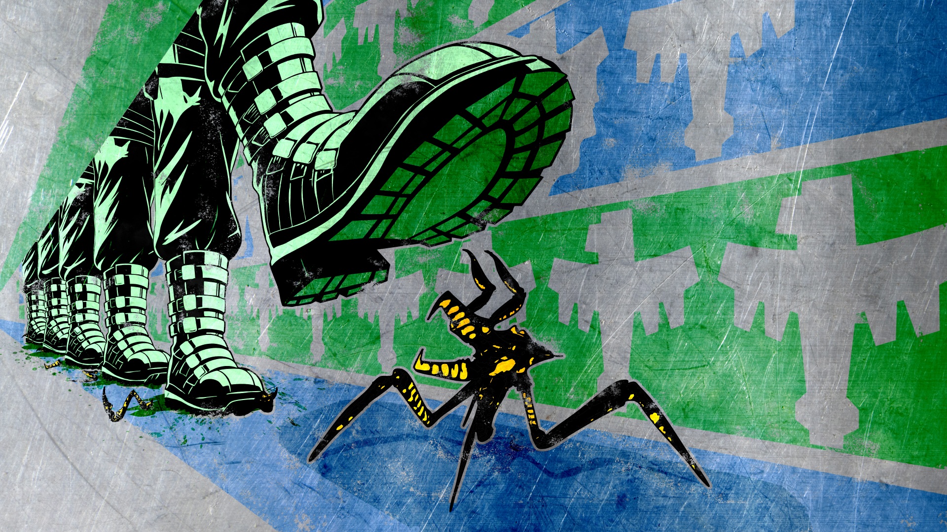 A 2D illustration of a spider-like dark insect about to be stepped on by a line of green boots