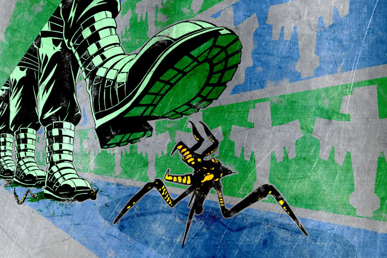 A 2D illustration of a spider-like dark insect about to be stepped on by a line of green boots