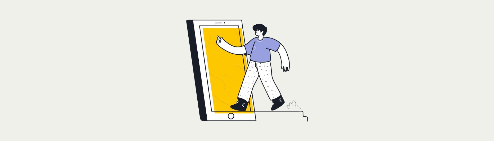 Illustration. Man walks into a smartphone screen via a staircase.