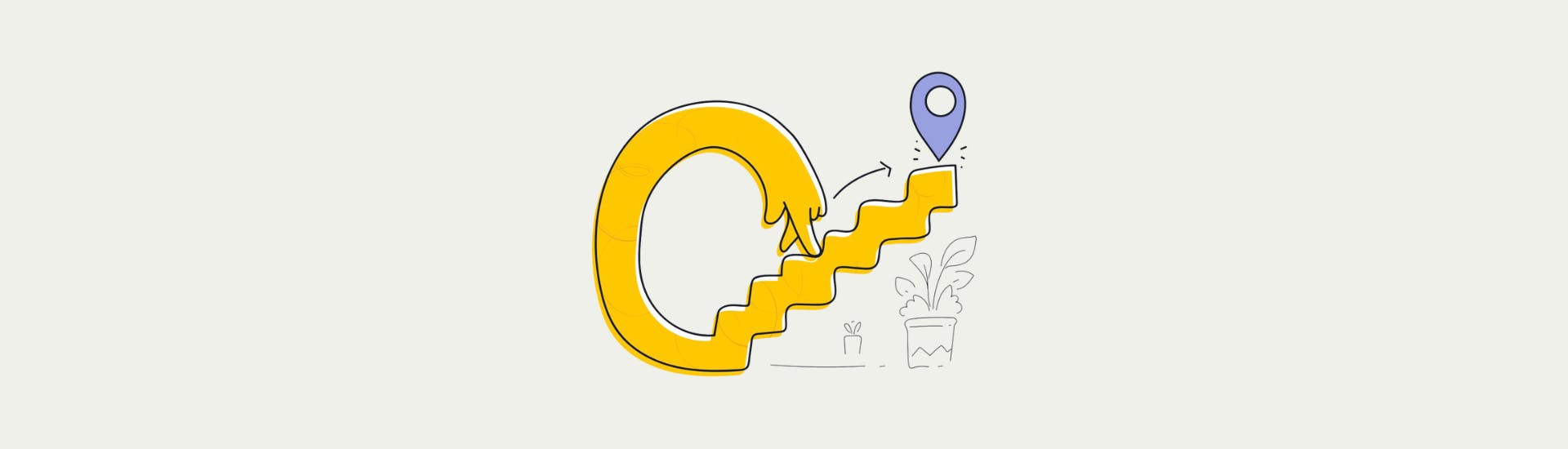 Lijntekening. Trap met bovenaan een locatie pin. Vingers lopen de trap op richting de locatie pin.