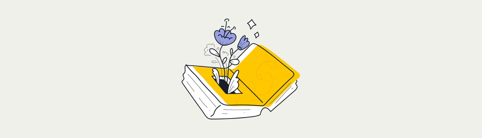 Illustration in the Scribit.Pro colors of an open book with flowers growing out of it.