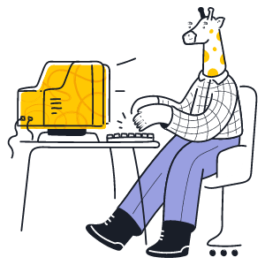 Illustration of a giraffe sitting at a desk with a computer and keyboard on it.