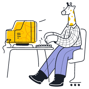 Illustratie van een giraf die aan een bureau zit met daarop een computer en toetsenbord.