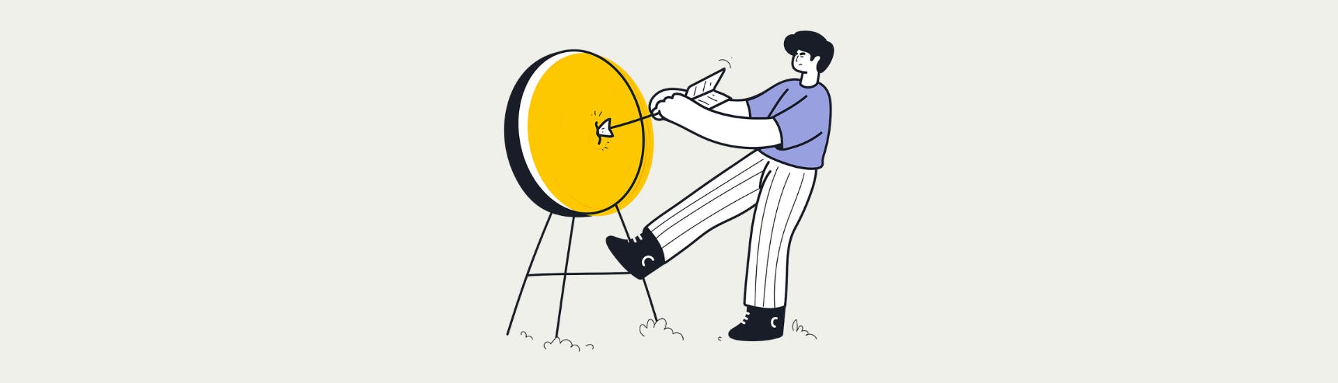 Lijntekening. Jongen trekt een pijl uit het midden van een bord.