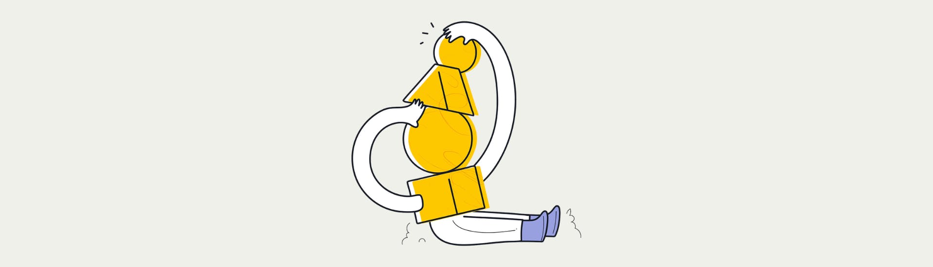 Lijntekening. Poppetje van stapelblokken, de blokken hebben verschillende vormen.