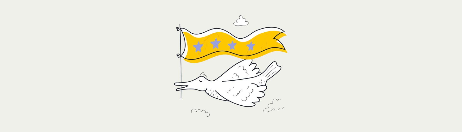 Illustration in the Scribit.Pro colors of a bird flying with a flag full of stars in its beak