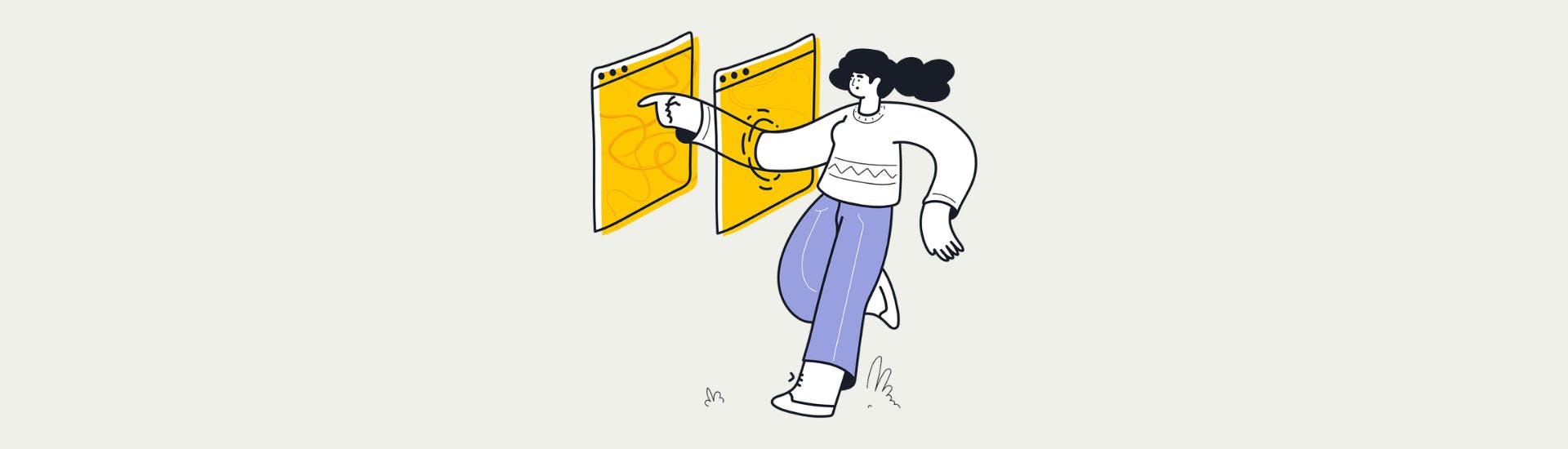 Illustration in the Scribit.Pro colors of a woman putting her arm through computer screens.