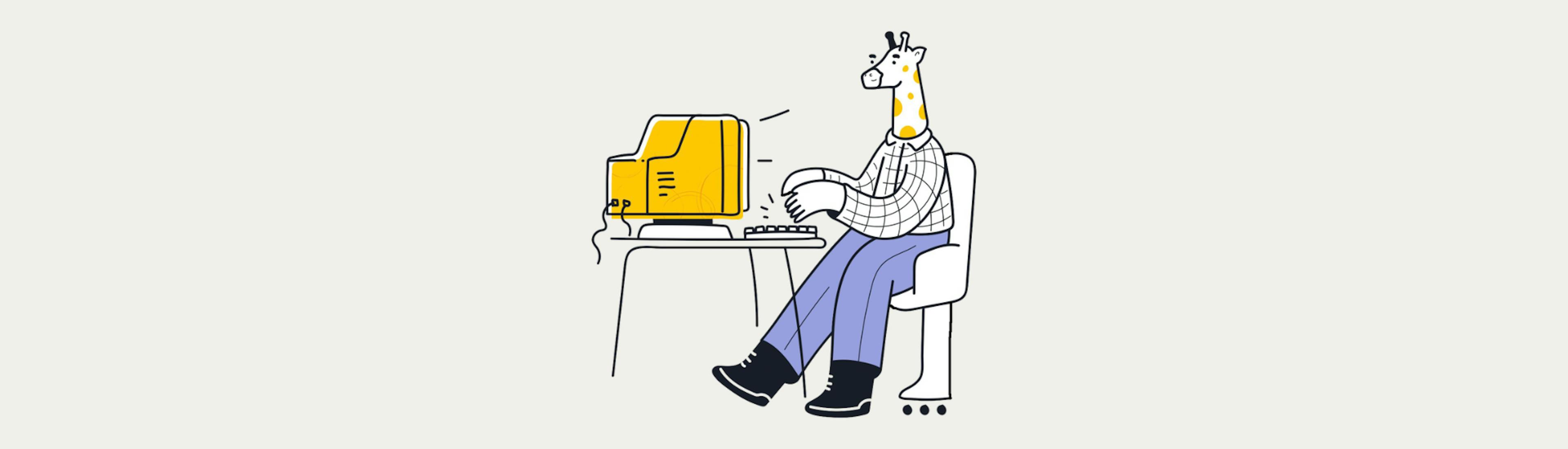 Illustration in Scribit.Pro colours of a giraffe behind a computer