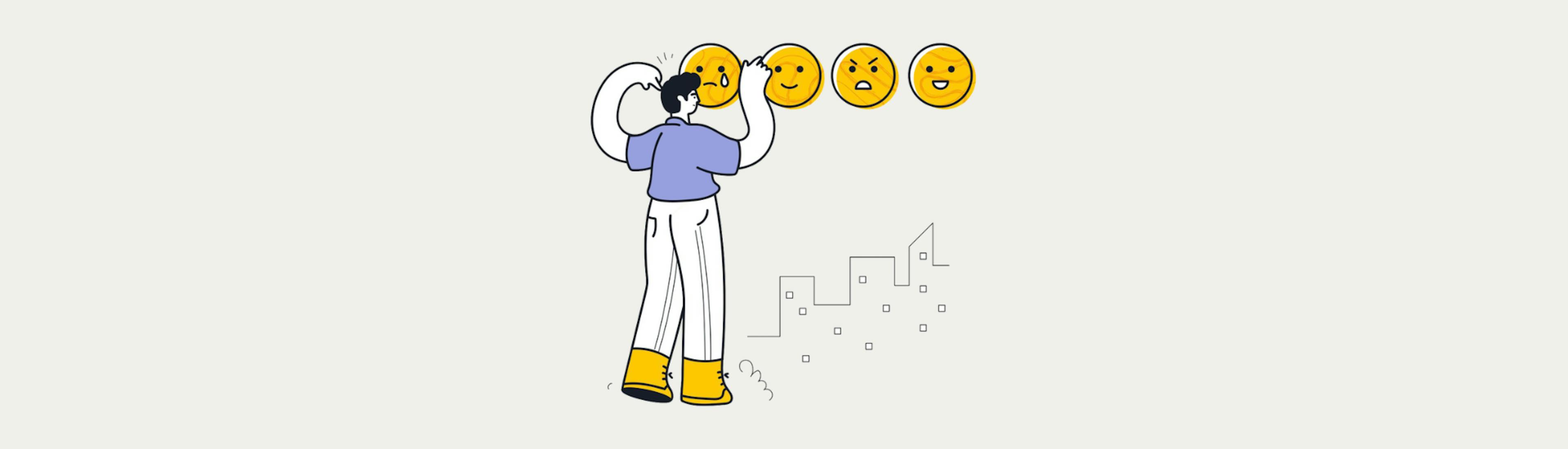 Illustration in Scribit.Pro colours of a man giving an opinion using emojis.