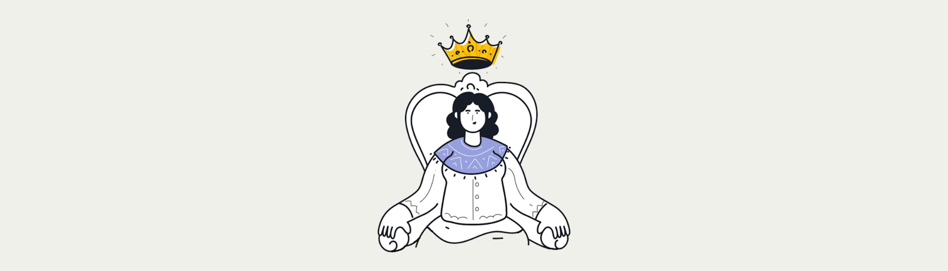 Lijntekening, vrouw zit op een troon, boven haar hoofd zweeft een kroon. 