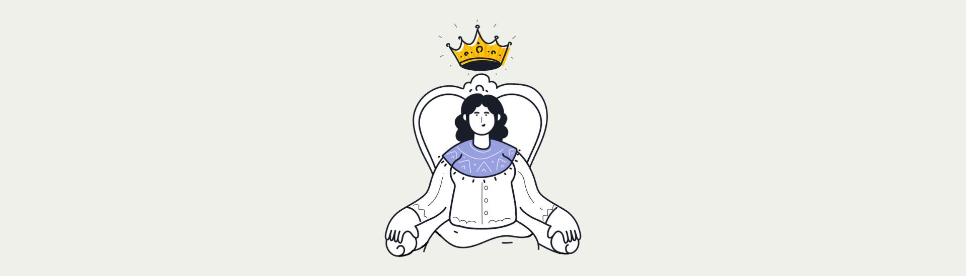 Illustration, woman sits on a throne, above her head floats a crown.