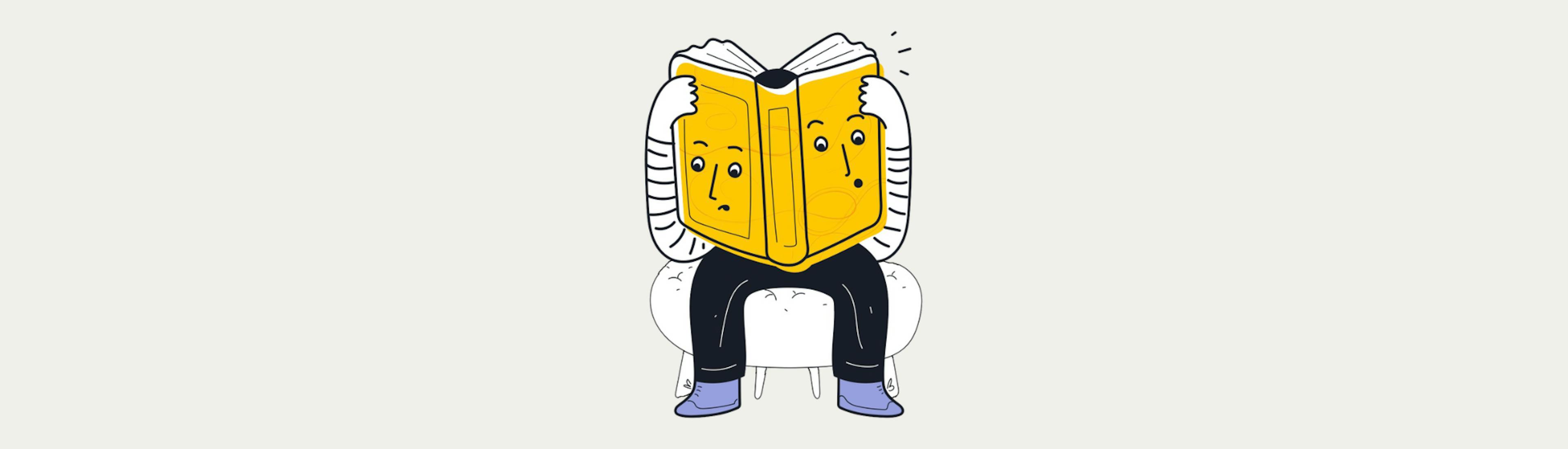 Illustration. Book the size of the upper body with faces on it. From behind the book come 2 arms that hold the book and 2 legs.