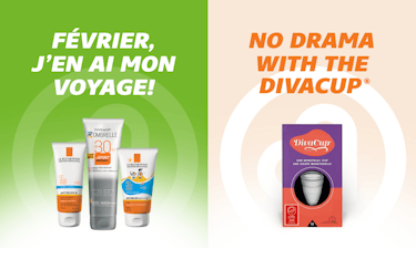 Two images side by side, showing products found in Familiprix pharmacies. One image shows sun protection products with a tagline "Février, j'en ai mon voyage!" on a green background, and the other shows a Divacup with the tagline "No drama with the Divacup" on an orange background.