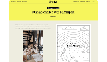 A screenshot of a Grenier aux nouvelles article about Familiprix's "Ça va bien aller" campaign during COVID-19.