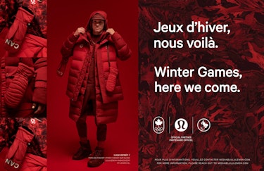 Liam Hickey portant des mitaines et deux manteaux rouges Équipe Canada et lululemon l'un sur l'autre. Le texte dit "Jeux d'hiver, nous voilà" et "Winter games, here we come".