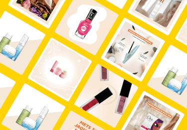 A collage of different makeup and skincare products found in Familiprix branches, against a yellow background.
