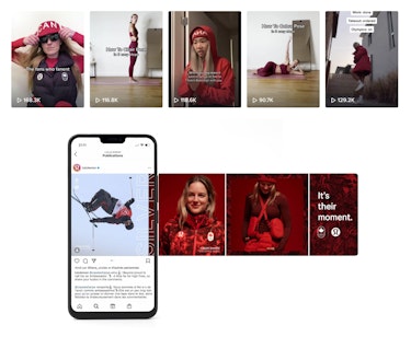 Photo collage of social media contents of various Team Canada athletes and lululemon ambassadors and people wearing lululemon x Team Canada gear.