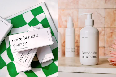Marée Poire Blanche Papaye and Fraise Camélia lip balms in their packaging displayed beside a Fleur de Riz Musc Blanc hand soap bottle.