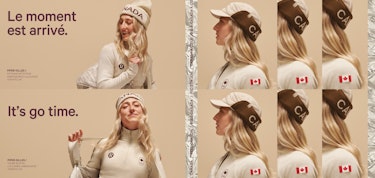 Collage photos de Piper Gilles portant des vêtements blancs Équipe Canada et lululemon. Le texte indique « It's go time.» et « Le moment est arrivé.»