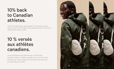 Split image. Text on the left and person smiling while looking back, wearing green lululemon x Team Canada jacket with white Future Legacy crossbody bag.