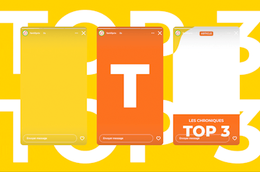 Une vidéo montrant des articles SEO pour le site internet de Familiprix. L'article est affiché sur trois Stories Instagram sur fond jaune et orange, intitulées « LES CHRONIQUES TOP 3 - Les meilleurs produits d'épilation à la maison »