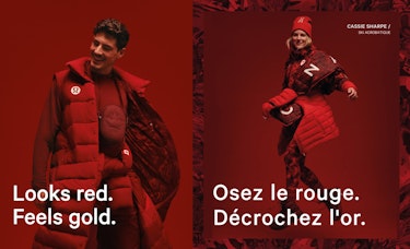 Cassie Sharpe swirling, wearing a red lululemon x Team Canada down jacket, a red lululemon x Team Canada down jacket around her waist and red lululemon x Team Canada leggings. Text says “Osez le rouge. Décrochez l'or.” To the left is Paul Poirier red lululemon x Team Canada long sleeve shirt, a red lululemon x Team Canada down jacket and a red lululemon x Team Canada Future Legacy crossbody bag. Text says “Looks red. Feels gold."