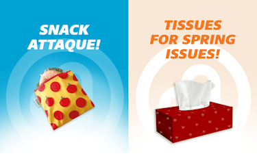 Two images side by side, showing products found in Familiprix pharmacies. One image shows a snack bag with a tagline "Snack attaque!" on a blue background, and the other shows a box of tissues with the tagline "Tissues for spring issues" on an orange background.