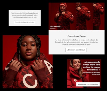 Split image. Upper right: Justin Kripps wearing  a red lululemon x Team Canada jacket and hat. Bottom left: close up of Dawn Richardson Wilson wearing a red lululemon x Team Canada scarf. Bottom right: Frédérique Turgeon wearing a red lululemon x Team Canada down jacket.