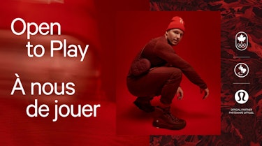 Photo of Justin Kripps crouching, wearing all-red lululemon x Team Canada gear. Text says "Open to play" and "À nous de jouer".