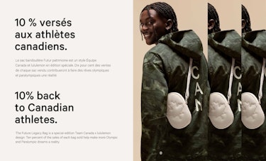 Image divisée. Du texte à gauche et une personne souriante regardant vers l'arrière, portant une veste verte et un sac à bandoulière blanc Future Legacy Équipe Canada et lululemon.