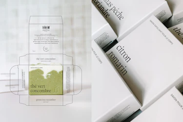 Marée body care packaging featuring the Thé Vert Concombre body soap box dieline alongside finished product boxes for body soap and body scrub in various scents.