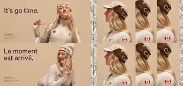 Photo collage of Piper Gilles wearing all-white lululemon x Team Canada gear. Text says "It's go time." and "Le moment est arrivé."