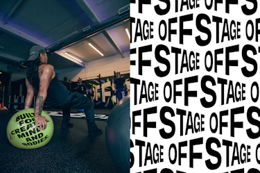 A group of people train inside at OFFSTAGE Club Sportif. On the left, a person performs an exercise using a green medicine ball displaying the text « BUILT FOR CREATIVE MINDS AND BODIES ». On the right, a white graphic background displays the word « OFFSTAGE » repeated in black.