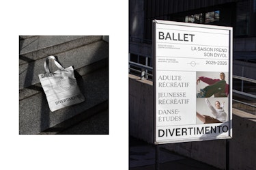A two-part visual showcasing printed applications for Ballet Divertimento. On the left, a fabric tote bag placed on concrete steps displays the text “BALLET” at the top and “DIVERTIMENTO” at the bottom, with graphic lines and a circular symbol in the center. On the right, a backlit outdoor poster presents the text “BALLET,” “ÉCOLE DE DANSE ET CENTRE CHORÉGRAPHIQUE,” “LA SAISON PREND SON ENVOL,” “2025–2026,” the address “1435 RUE DRUMMOND, MONTRÉAL, QC H3G 1W4,” as well as “ADULTE RÉCRÉATIF,” “JEUNESSE RÉCRÉATIF,” “DANSE-ÉTUDES,” and “DIVERTIMENTO,” accompanied by photographs of dancers and graphic elements inspired by Benesh notation.
