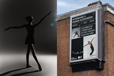 A two-part visual presenting display applications for Ballet Divertimento. On the left, a ballet dancer shown in silhouette with arms extended, photographed in a studio against a dark background with dramatic lighting. On the right, an outdoor poster mounted on a brick building displays the text “HOMMAGE À SUSAN ALEXANDER” and “CÉLÉBRONS L’HÉRITAGE D’UNE FEMME VISIONNAIRE,” accompanied by photographs of dancers, linear graphic elements, and the logos “Ballet Divertimento” and “Place des Arts.”