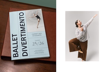 A two part visual presenting printed and photographic applications for Ballet Divertimento. On the left, a notebook placed on a leather surface displays the texts “BALLET DIVERTIMENTO,” “CARNET DES ÉTUDIANTS,” “COHORTE 25 26,” as well as “ÉCOLE DE DANSE ET CENTRE CHORÉGRAPHIQUE” and the address “1435 RUE DRUMMOND, MONTRÉAL, QC H3G 1W4,” with an integrated dancer photograph and graphic lines on the cover. On the right, a dancer is photographed in a studio against a neutral background, captured in an expressive pose with one arm raised and one leg bent.