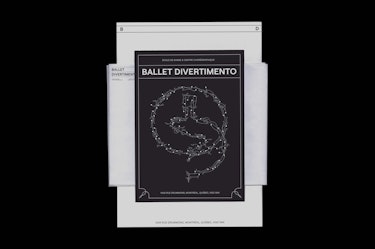 A stack of printed materials displayed on a black background featuring a poster for Ballet Divertimento. The central poster shows the text “ÉCOLE DE DANSE & CENTRE CHORÉGRAPHIQUE” and “BALLET DIVERTIMENTO,” with a circular graphic composition made of linear markings. At the bottom of the poster appears the address “1435 RUE DRUMMOND, MONTRÉAL, QUÉBEC, H3G 1W4.” The background layers reveal typographic markers “B” and “D,” along with partially visible text reading “BALLET DIVERTIMENTO.”
